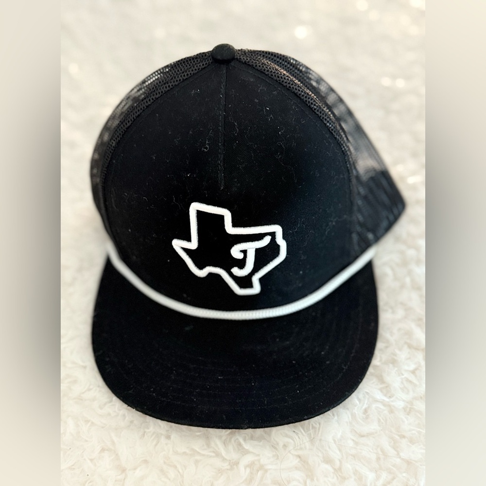 Black Trucker Hat with White Texas Outline and J Accent